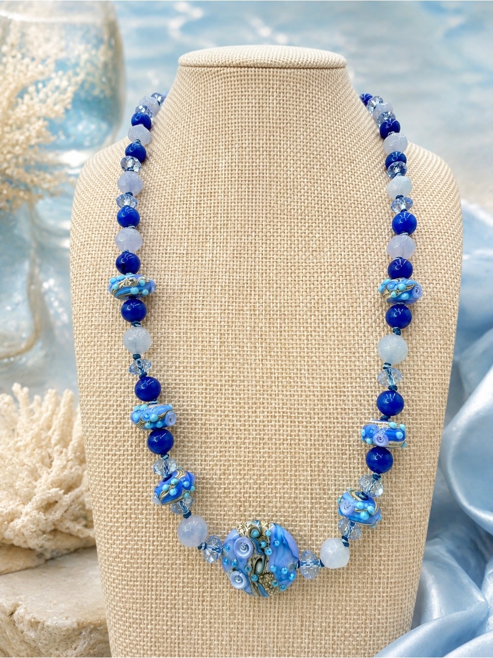 Artisan Lampwork Aquamarine Blue Jade Crystal Hand Knotted Necklace 20” Boutique